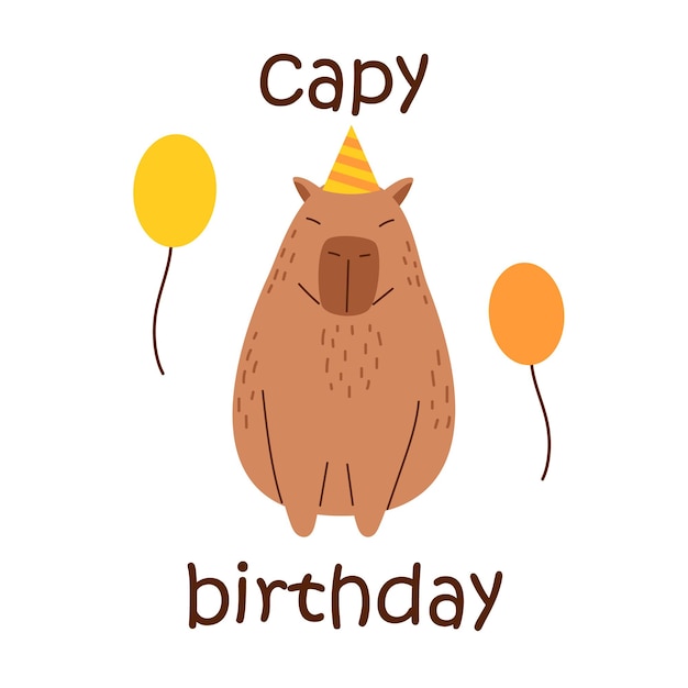 Carpincho divertido vector en diseño plano Texto de cumpleaños de Capy Tarjeta de felicitación con carpincho adorable