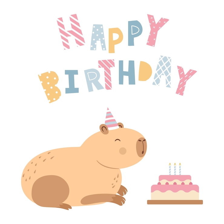 Vector carpincho en un sombrero de fiesta con letras happybirthday tarjeta de felicitación aislado sobre fondo blanco.