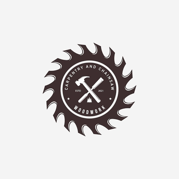Carpintería con cincel de madera Logo Vector Vintage Ilustración Diseño de martillo Sierras de madera Concepto Bosque