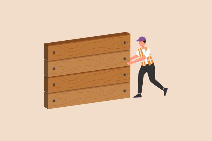 Vector carpintero con casco organiza la madera para la construcción concepto del día de los ingenieros ilustración vectorial plana aislada