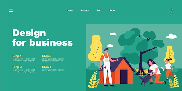 Carpintero haciendo caseta de perro para animales domésticos en el exterior. Madre jugando con perro, hija con hueso, hombre con martillo y clavo ilustración vectorial plana. Concepto de mascotas para banner, diseño de sitios web
