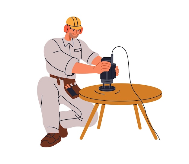 Carpintero lijando muebles de madera con herramienta eléctrica máquina de carpintería lijadora orbital Restauración de pulido pulido mesa de madera para la renovación Ilustración vectorial plana aislada sobre fondo blanco