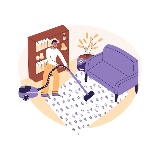 Carpintero de limpieza de hombre guapo Joven aspirando casa Casa marido limpiando sala de estar moderna con aspiradora Dibujos animados planos vector ilustración colores de moda aislados sobre fondo blanco