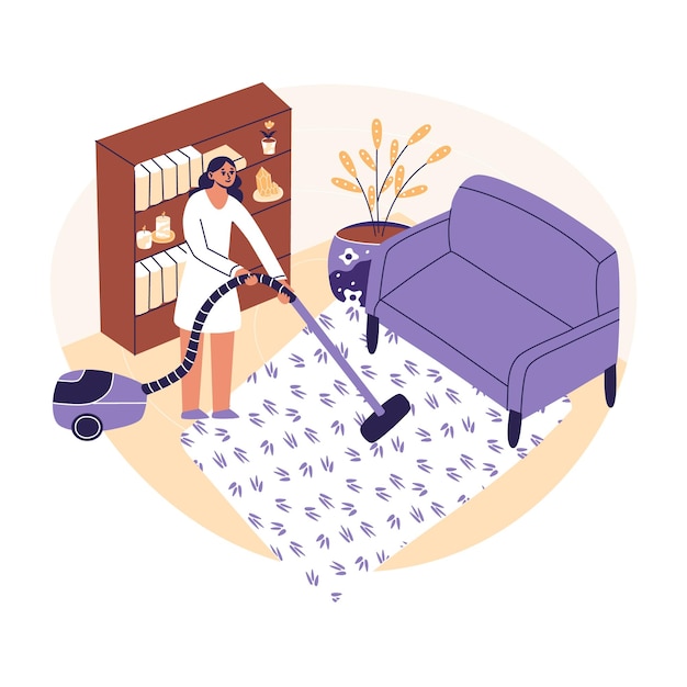 Carpintero de limpieza de mujer Mujer joven que aspira el hogar Ama de casa que limpia la sala de estar moderna con limpiador de aspiradora Ilustración de vector de dibujos animados planos colores de moda aislados en fondo blanco