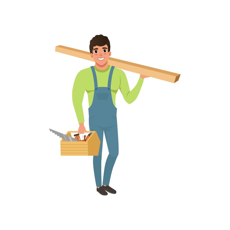 Vector carpintero profesional masculino en uniforme con tabla de madera y vector de caja de herramientas ilustración aislada en un fondo blanco.