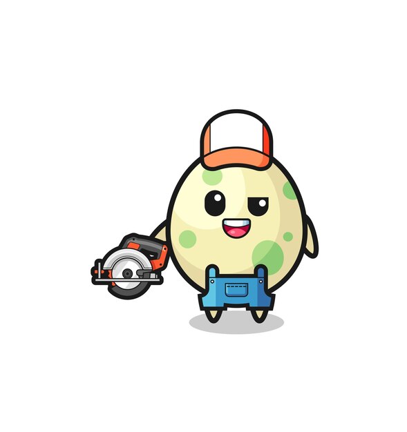 El carpintero vio a la mascota del huevo sosteniendo un lindo diseño de sierra circular