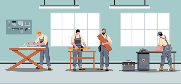 Carpinteros de la industria de la carpintería con instrumentos concepto de taller de carpintería personajes masculinos que trabajan con diferentes equipos que fabrican muebles manitas profesionales con herramientas vectoriales