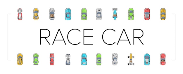 Carrera coche velocidad deporte vehículo iconos conjunto vector