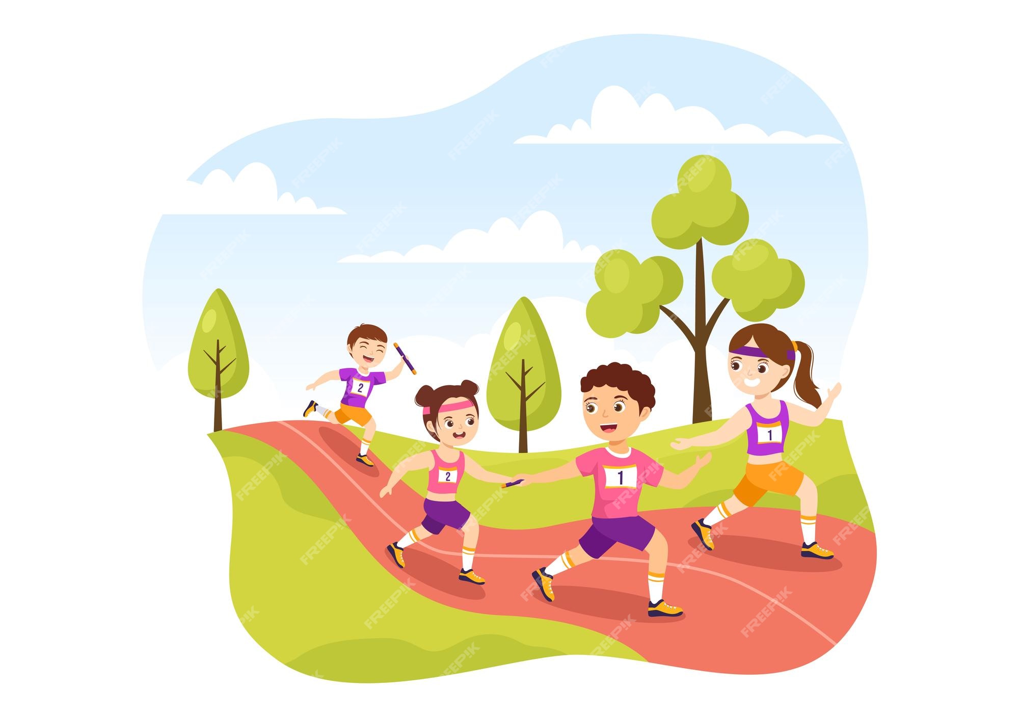 Carrera de relevos ilustración deportiva para niños pasando el testigo a  sus compañeros de equipo hasta llegar a la línea de meta | Vector Premium