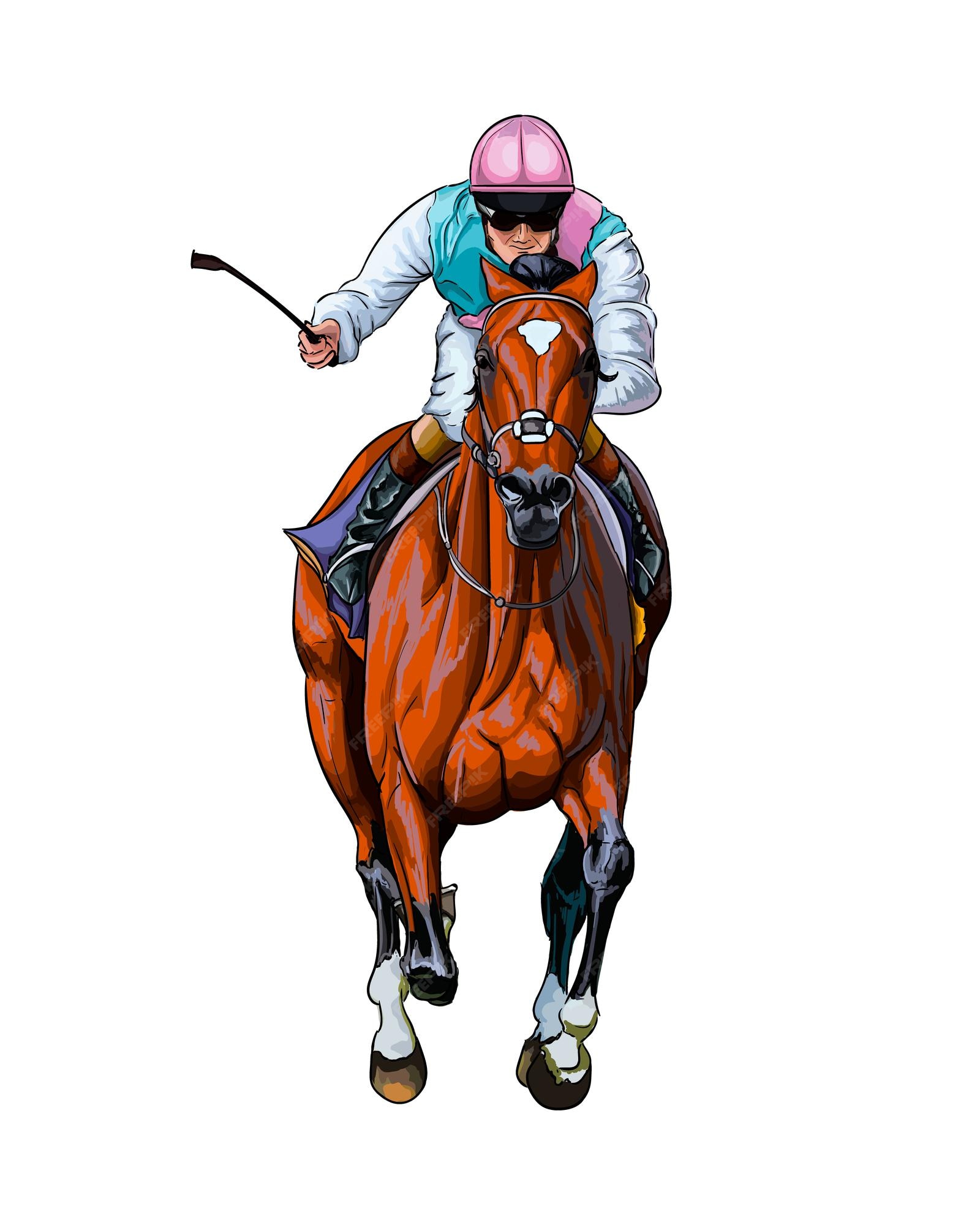 Carreras de caballos con un jinete de salpicaduras de acuarelas dibujo  coloreado realista montar a caballo | Vector Premium