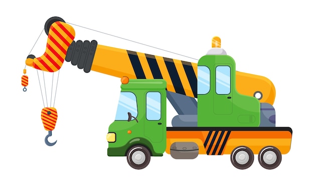 Carreta de dibujos animados grúa vehículo industrial construcción máquina de transporte de carga automóvil trabajo maquinaria gancho motor automotriz aislado en fondo blanco Ilustración vectorial
