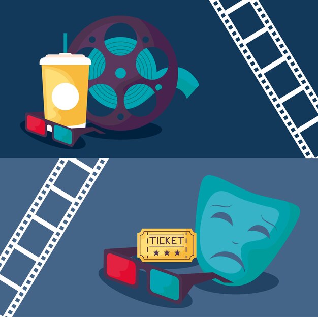 Vector carrete de cinta con set de iconos cine