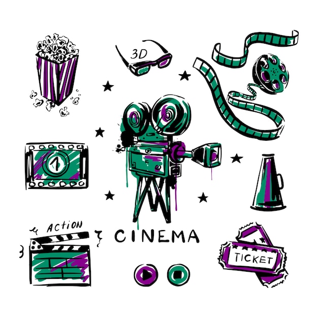 Carrete de palomitas de maíz de cámara de película vintage con boceto de cinta sobre un fondo blanco aislado Establecer cine