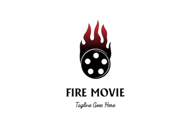 Carrete de tira de película negra con fuego de llama para vector de diseño de logotipo de cine de película