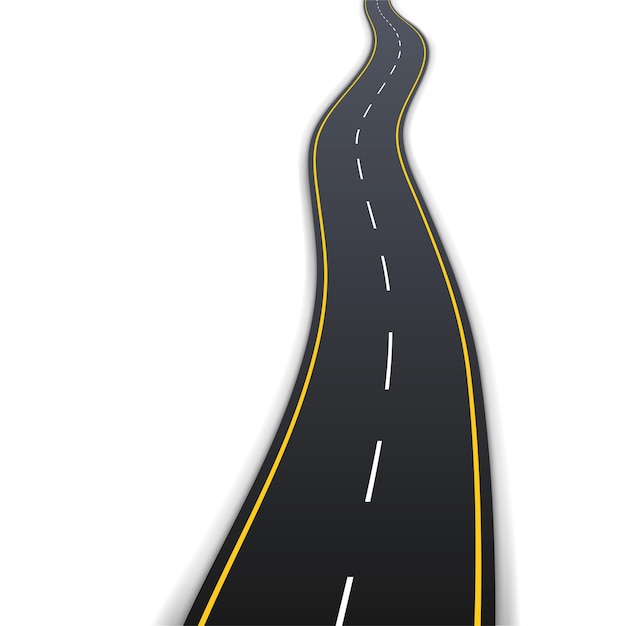 Carretera asfaltada con marcas blancas y amarillas para la conducción de vehículos aislado sobre fondo blanco. Ruta de la carretera 3d realista con navegación. Ilustración vectorial