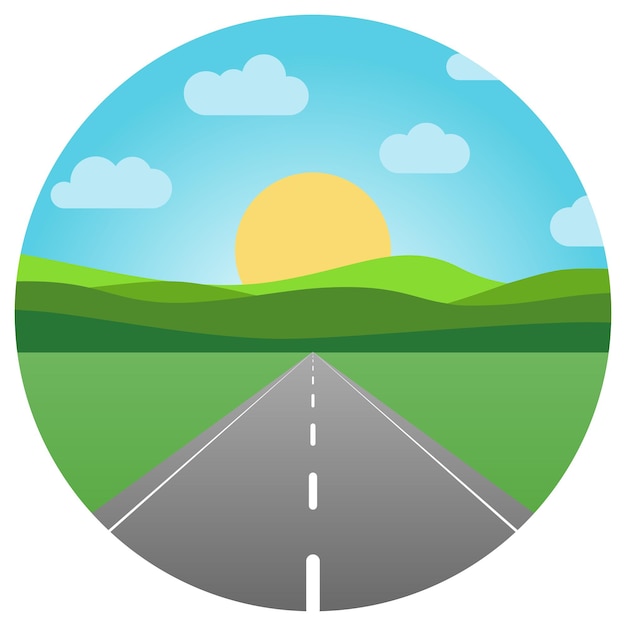 Carretera asfaltada de vector que sale hacia el horizonte en círculo. Paisaje de verano con carretera al amanecer con campo verde y nubes en el cielo azul.