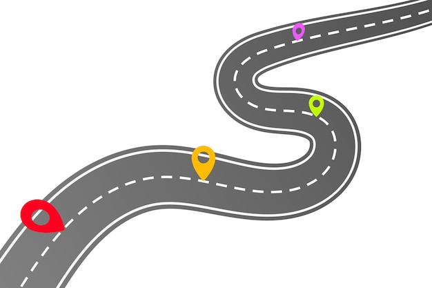 Una carretera de asfalto gris con coloridos marcadores de ubicación que guían el camino
