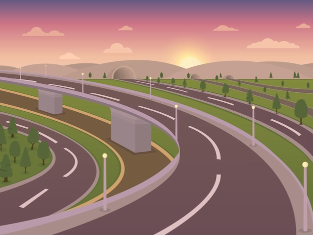 Carretera de la autopista de la velocidad de la metrópolis moderna con ilustración de vector de fila de árbol de vista lateral y túnel