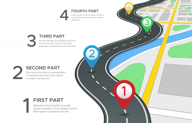 Carretera carretera infográfica con cuatro pasos