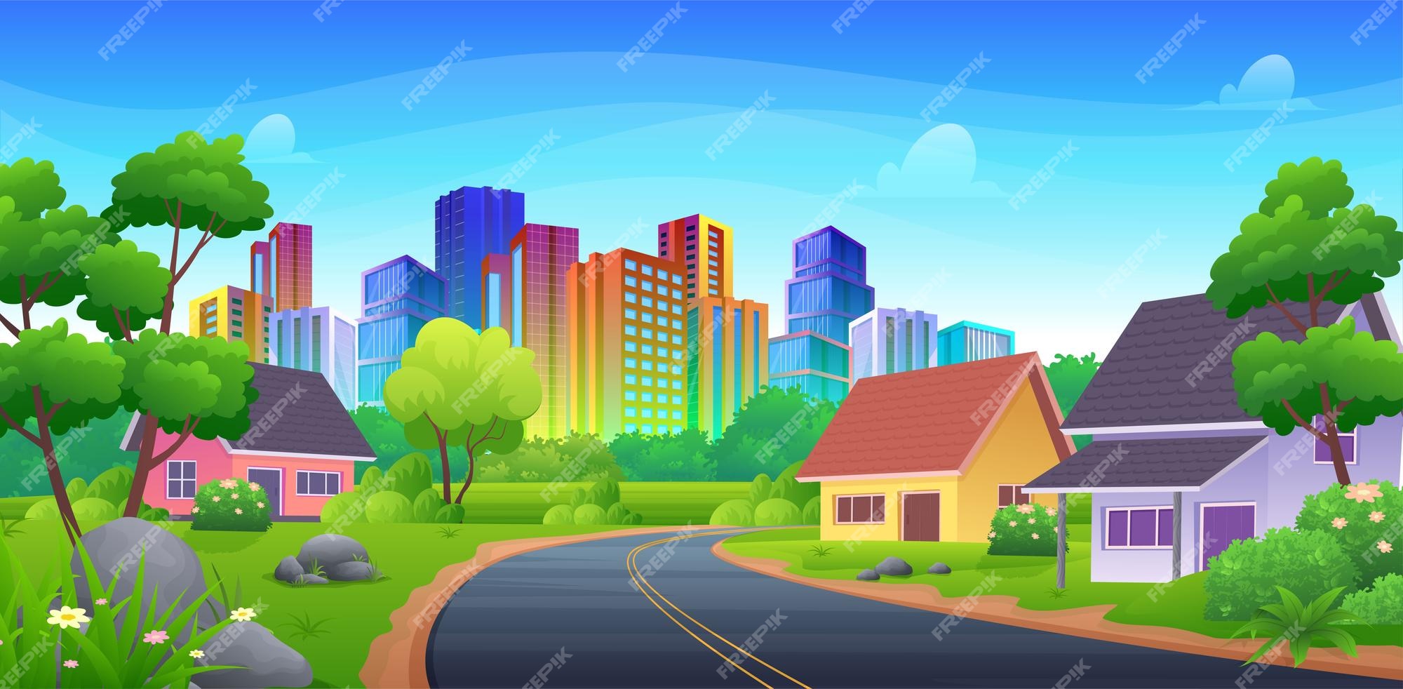 Carretera a la ciudad con coloridos rascacielos y la región de los  suburbios alberga un paisaje de dibujos animados | Vector Premium