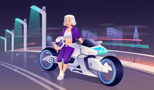 Carretera de la ciudad moderna con mujer montando moto
