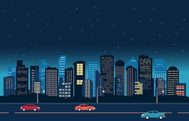 Carretera en la ciudad por la noche con rascacielos Ilustración de diseño plano del edificio
