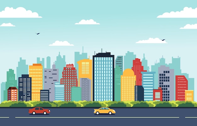 Carretera en la ciudad con rascacielos Edificio en día brillante Ilustración de diseño plano