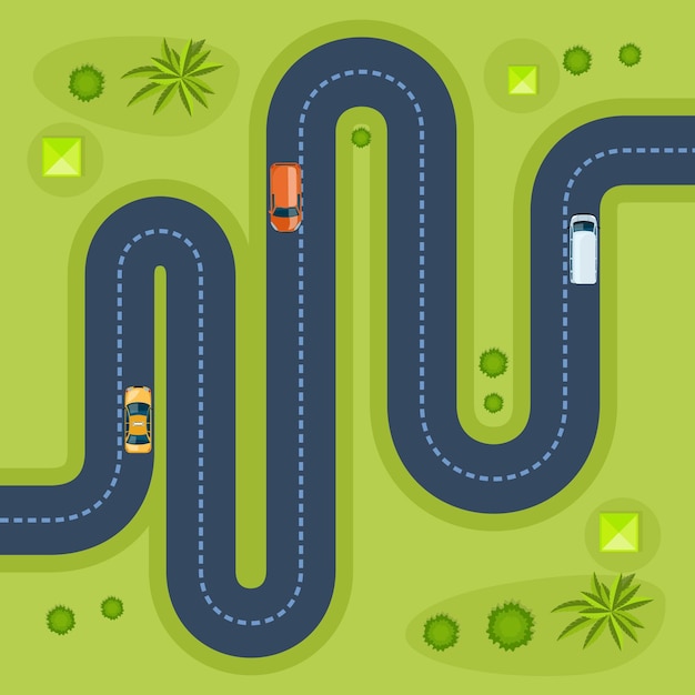 Carretera con coches Coches en movimiento en la vista superior de la carretera
