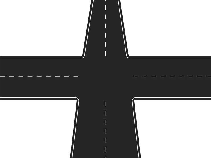 Vector carretera de cuatro vías carretera negra con intersección y cruce de tráfico con marcas blancas para encontrar la dirección del vector correcto