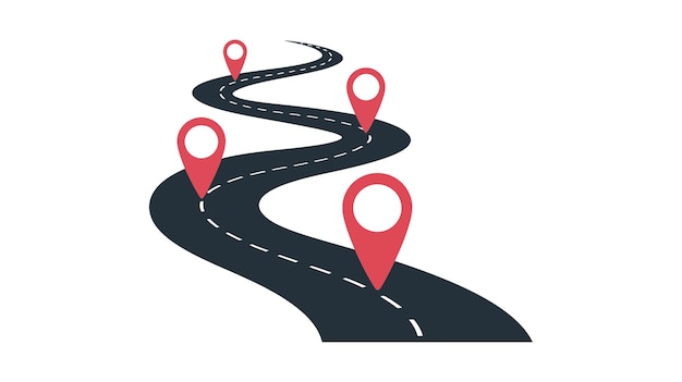 Carretera curva con alfileres de ubicación rojos para mapear viajes y visualización de viajes