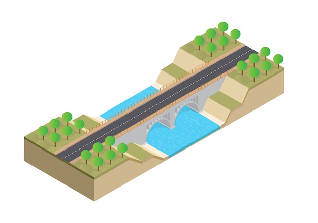 Vector carretera isométrica en el puente sobre el río.