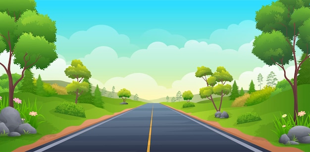 Carretera en el paisaje panorámico de verano con montaña, colina verde, arbustos y árboles ilustración vectorial