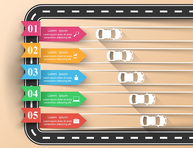 Carretera plantilla de diseño infográfico y los iconos de marketing. Icono del coche