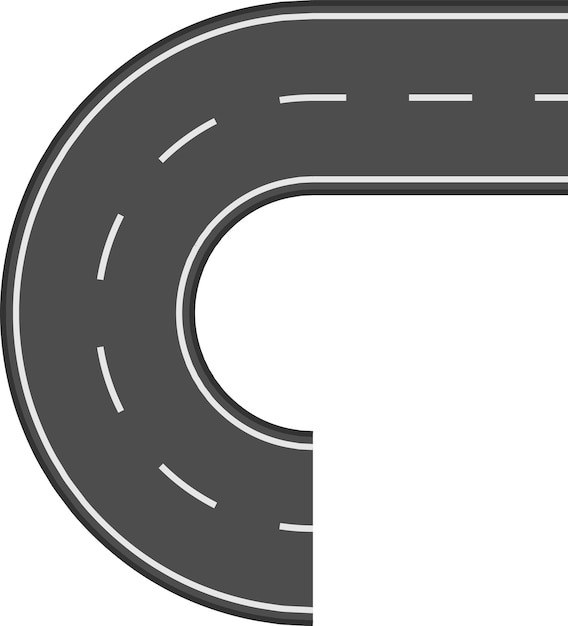 Carretera sinuosa con líneas blancas discontinuas que hacen una curva en u en un fondo blanco ideal para conceptos de transporte y viajes
