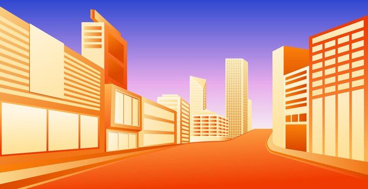 Carretera vacía en la ciudad con edificios modernos a ambos lados de la carretera