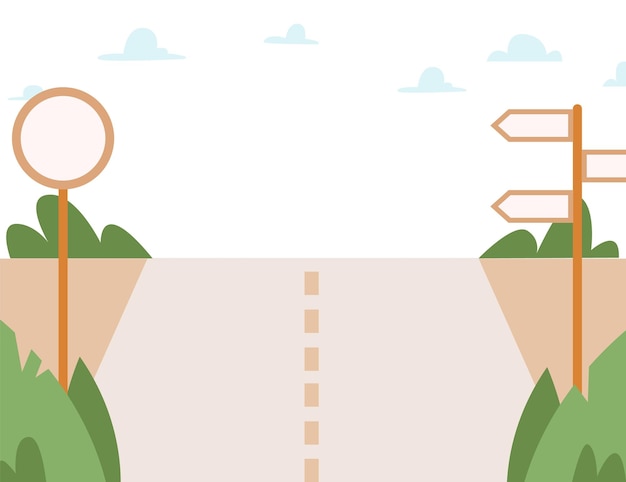 Carretera vacía con flechas de destino y señal de tráfico Bandera de conducción Viaje llegada o salida Escena vectorial de transporte