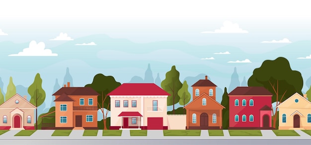 Carreteras casas vecindario camino de casa ciudad suburbana residencia en asfalto jardín de la naturaleza bonita pequeña ciudad y pueblo cabañas paisaje con árboles verdes ilustración plana de dibujos animados vectorial