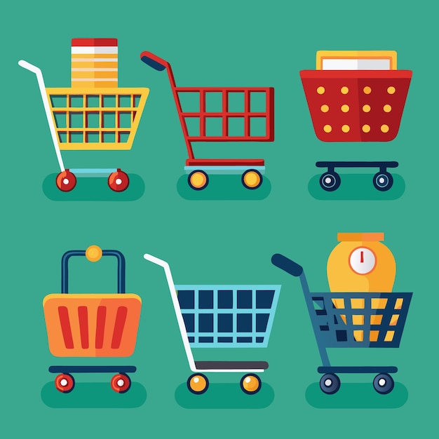 Carretes de compras coloridos, cestas y ruedas para la venta al por menor