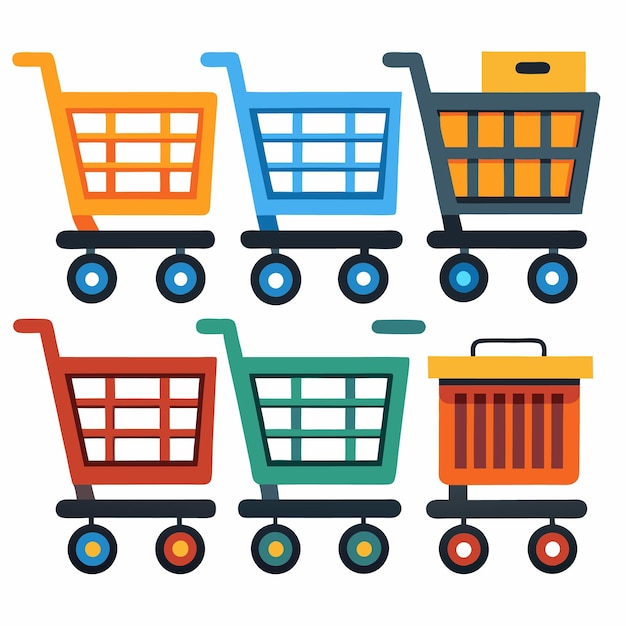 Carretes de compras coloridos con ruedas Comercios electrónicos al por menor