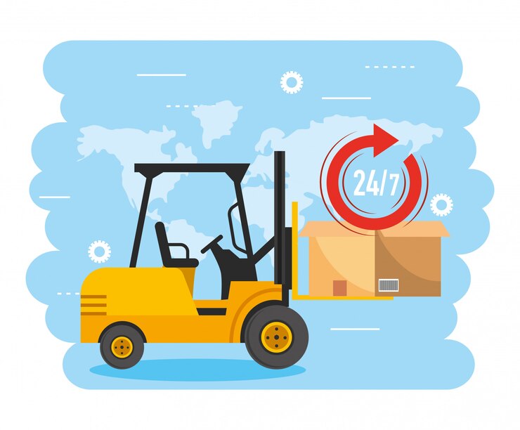 Vector carretilla elevadora con caja de embalaje y servicio de entrega.