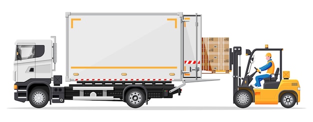 Vector carretilla elevadora cargando cajas de paletas en el camión almacenista con lista de verificación carga eléctrica cargando cajas de cartón en el carro de entrega carga de envío logístico equipo de almacenamiento ilustración de vector plano