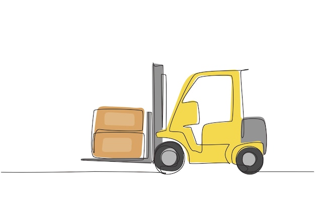 Carretilla elevadora de una línea continua con cajas Automóvil pesado Industria de la construcción y concepto de maquinaria Carretilla elevadora de juguete para niños Ilustración gráfica vectorial de dibujo de línea única