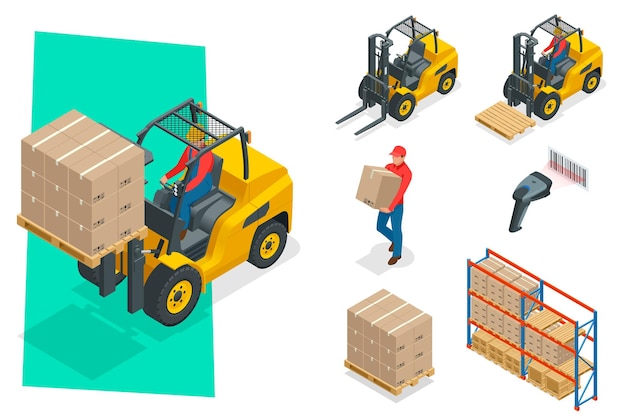 Carretilla elevadora vectorial isométrica aislada en blanco. Conjunto de iconos de equipos de almacenamiento. Carretillas elevadoras en varias combinaciones, código de barras, estantes de almacenamiento, palets con mercancías para infografías.