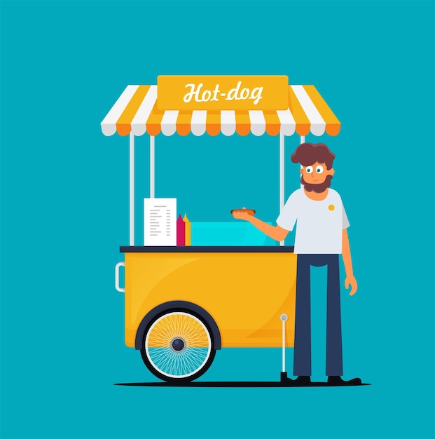 El carrito de la calle de los perritos calientes Ilustración plana vectorial aislada en fondo de color