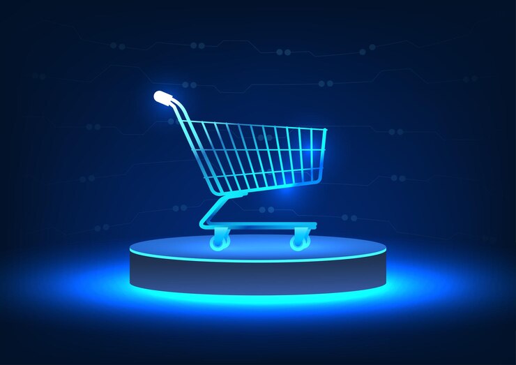 Vector el carrito colocado en la parte superior del podio las compras en línea están disponibles en cualquier momento aumenta la comodidad