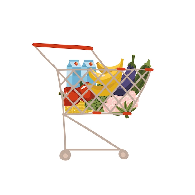 Vector carrito de la compra del supermercado lleno de productos saludables frutas y verduras ilustración vectorial dibujada a mano plana ...