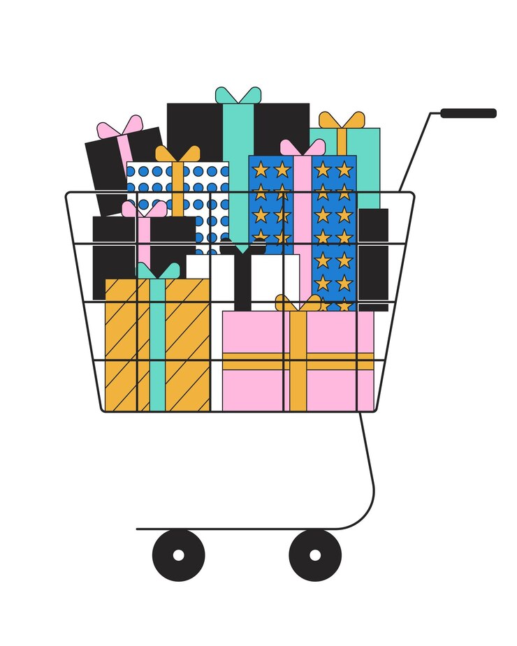 Vector carrito de compras con cajas de regalos objeto de dibujos animados lineal 2d black friday cyber monday ventas presenta elemento vectorial de línea aislada fondo blanco regalos de navidad comprando ilustración de punto plano de color