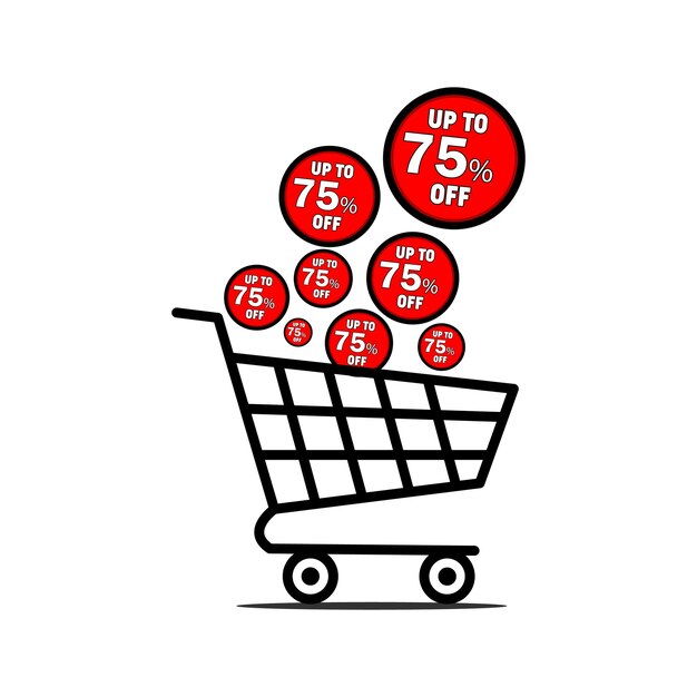 carrito de compras con etiquetas de descuento rojas y un letrero de venta del setenta y cinco por ciento oferta carrito de compra descuento