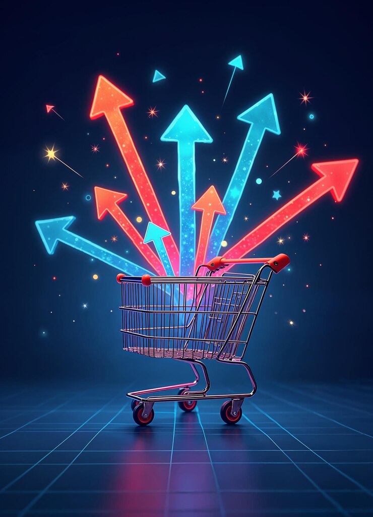 Vector un carrito de compras con flechas coloridas que apuntan a todas las direcciones con elementos decorativos en él