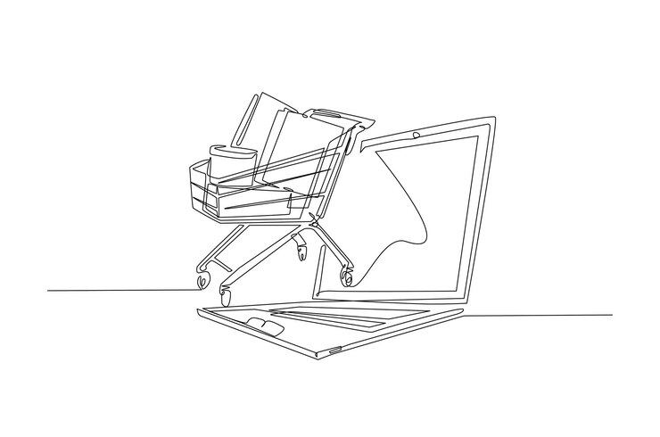 Vector carrito de compras fuera de la computadora portátil en un dibujo continuo de una línea